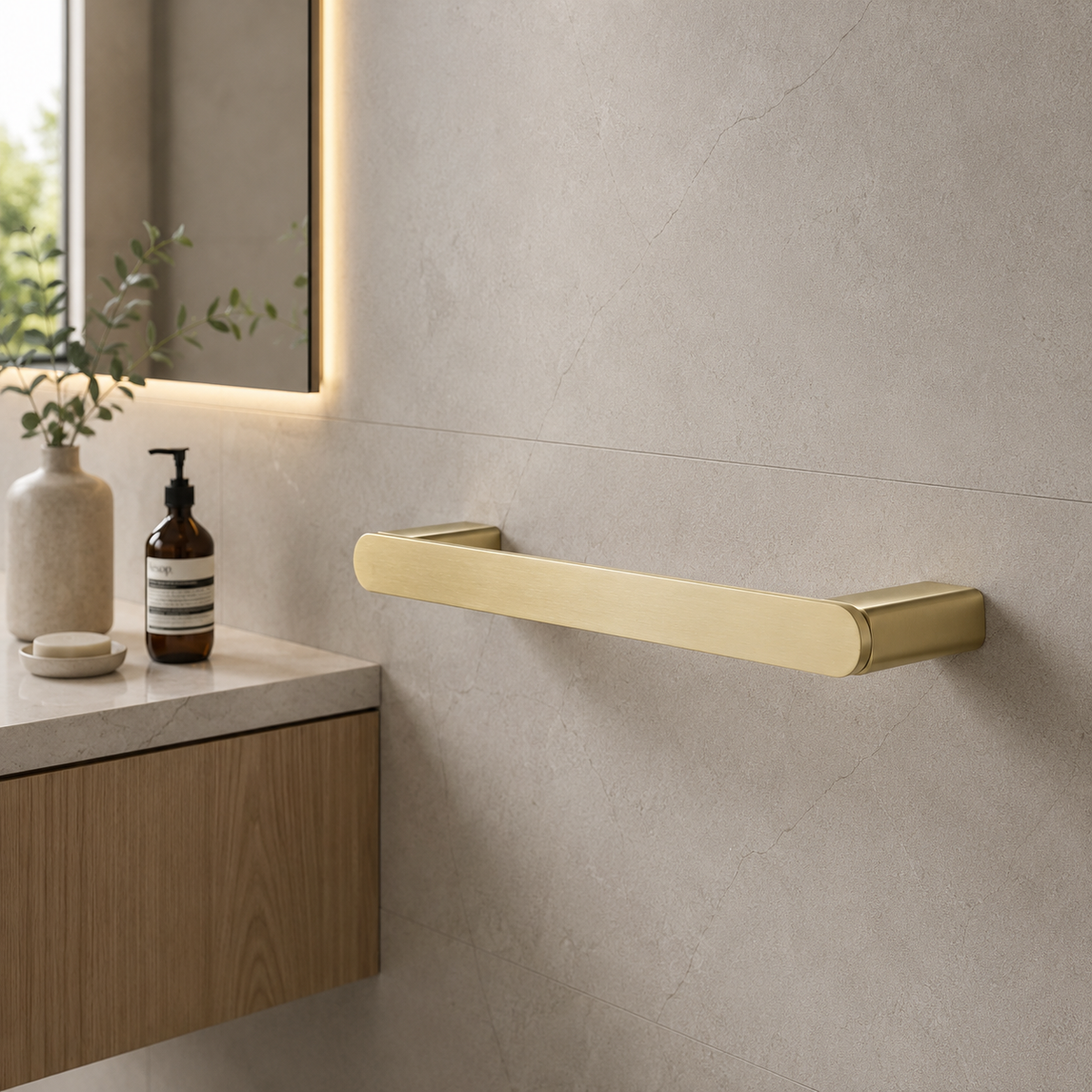 Luxen Towel Ring in Brushed Aurum, installed