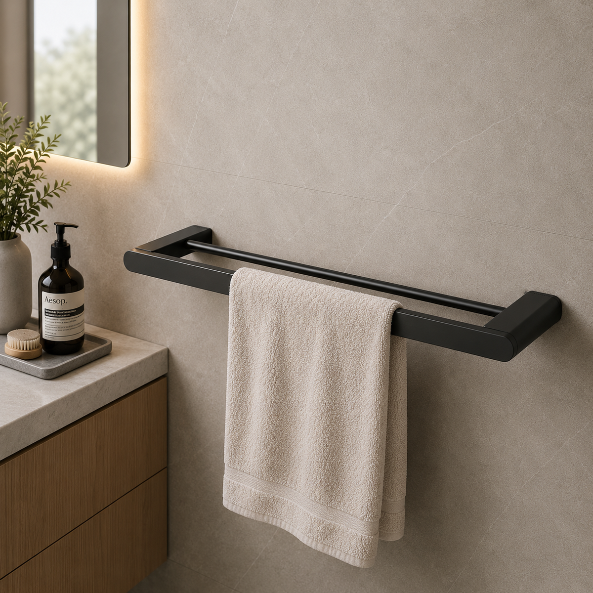 Luxen Double Towel Bar 600mm in Forged Gunmetal, installed