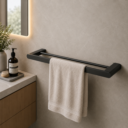Luxen Double Towel Bar 600mm in Forged Gunmetal, installed