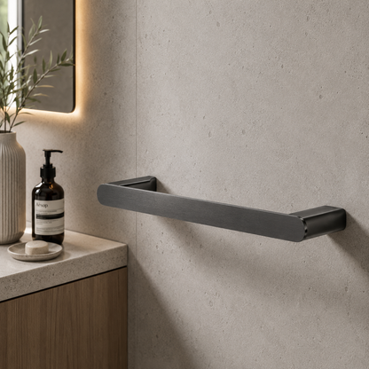 Luxen Towel Ring in Forged Gunmetal, installed
