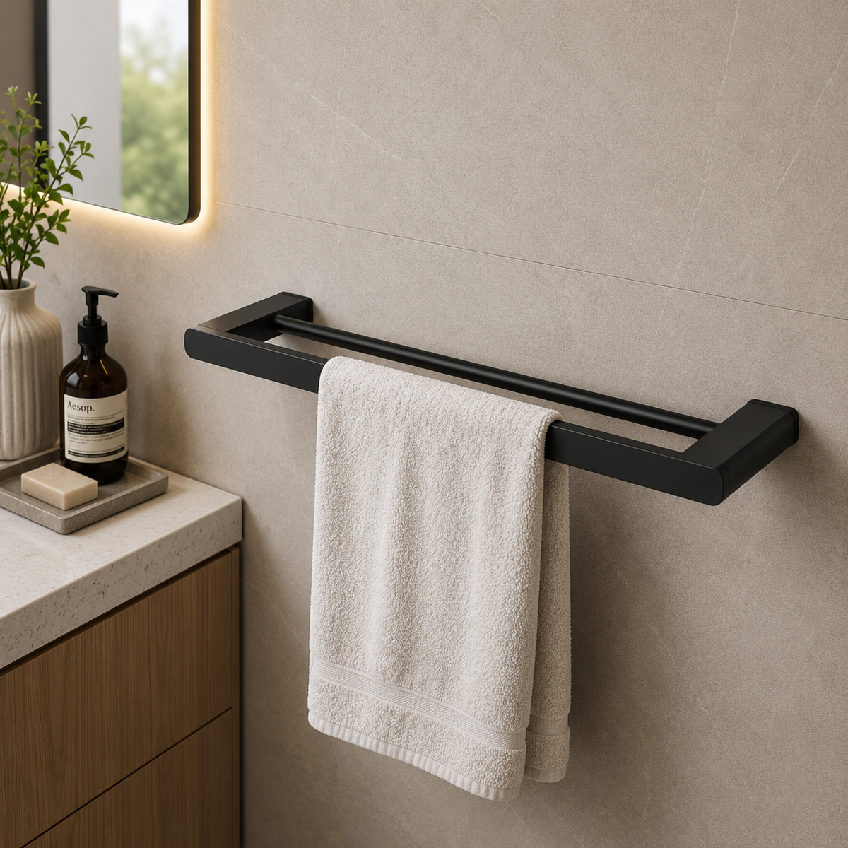 Luxen Double Towel Bar 600mm in Noir Obsidian, installed