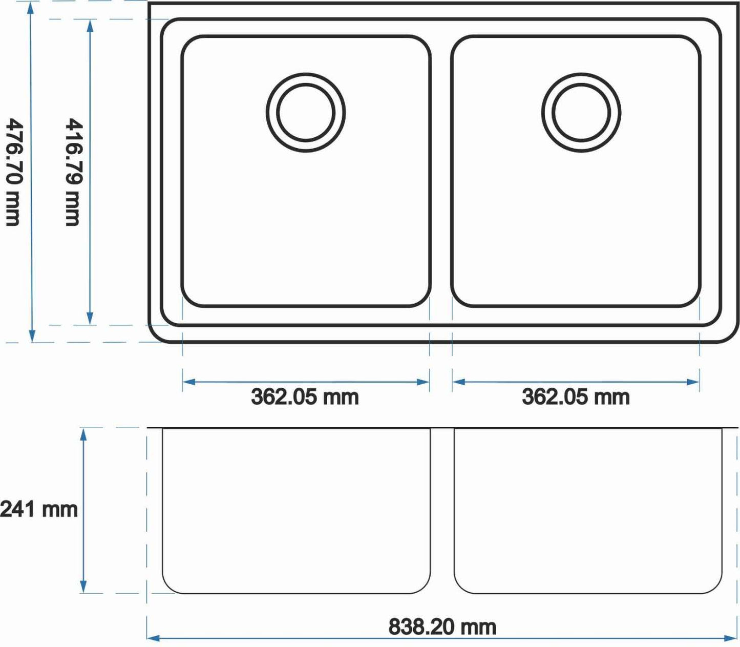 Black Kitchen Sink Granite Stone Under Mount Double Bowls 838*476*241mm