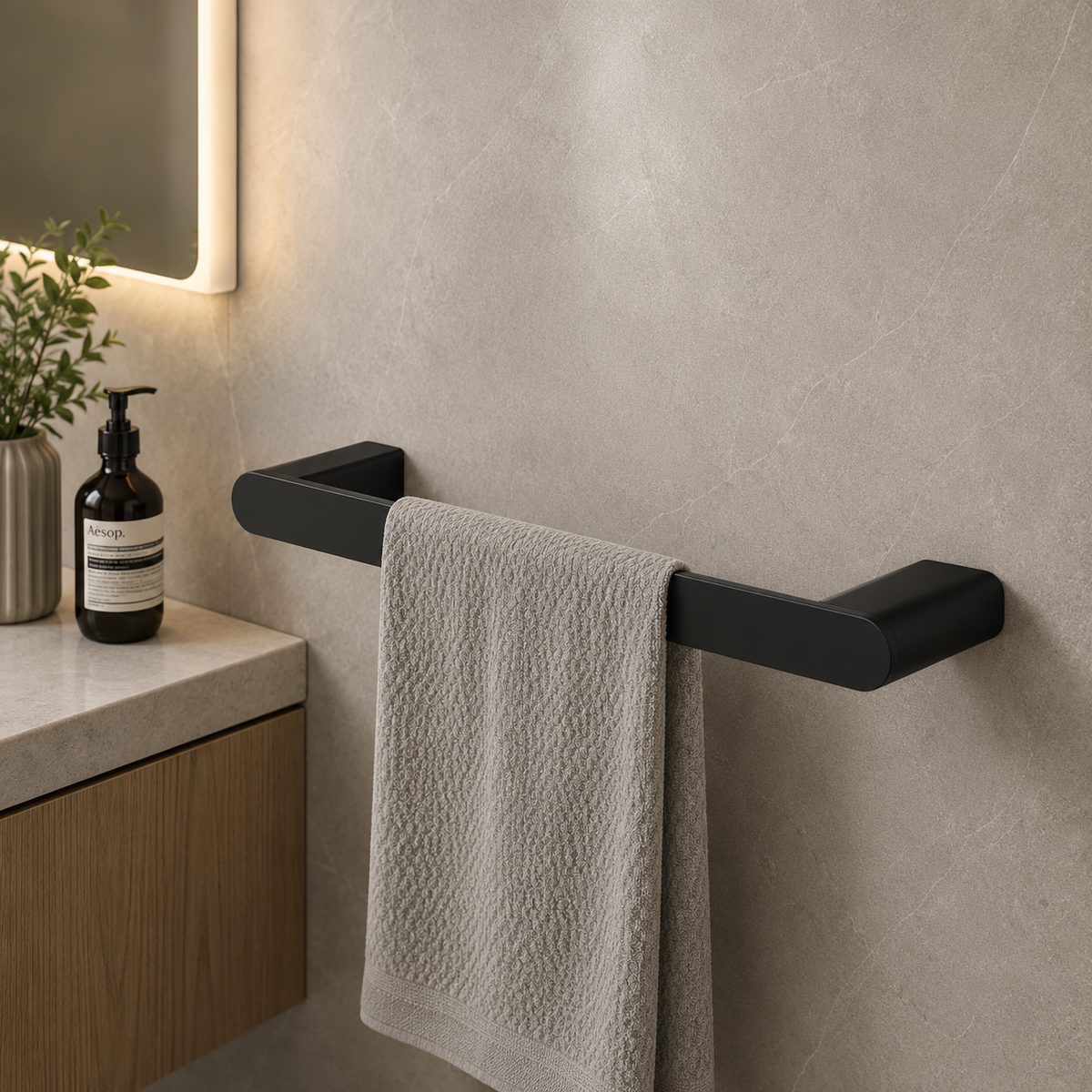 Luxen Towel Ring in Noir Obsidian, installed