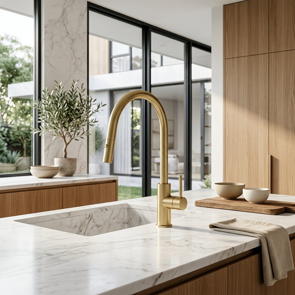 Auren Pull Out Kitchen Sink Mixer in Brushed Aurum, installed