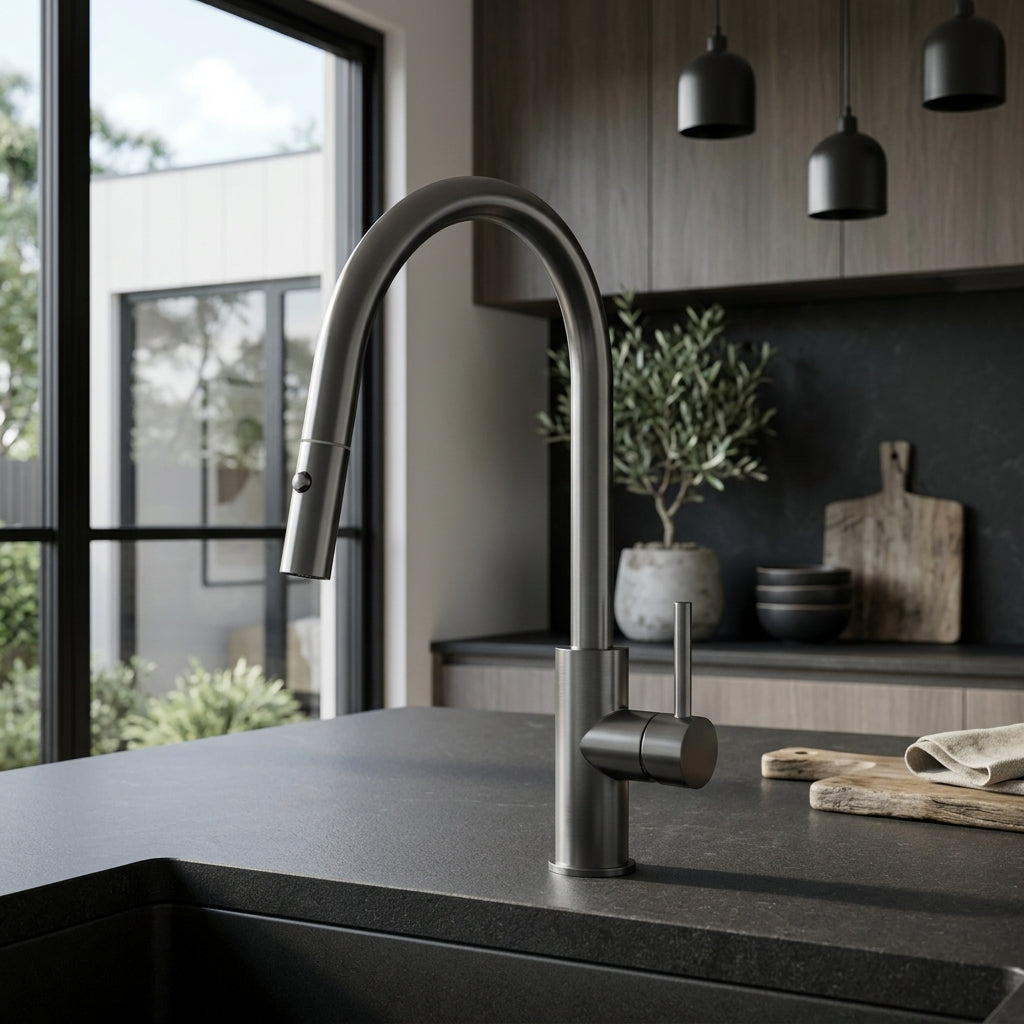 Auren Pull Out Kitchen Sink Mixer in Forged Gunmetal, installed