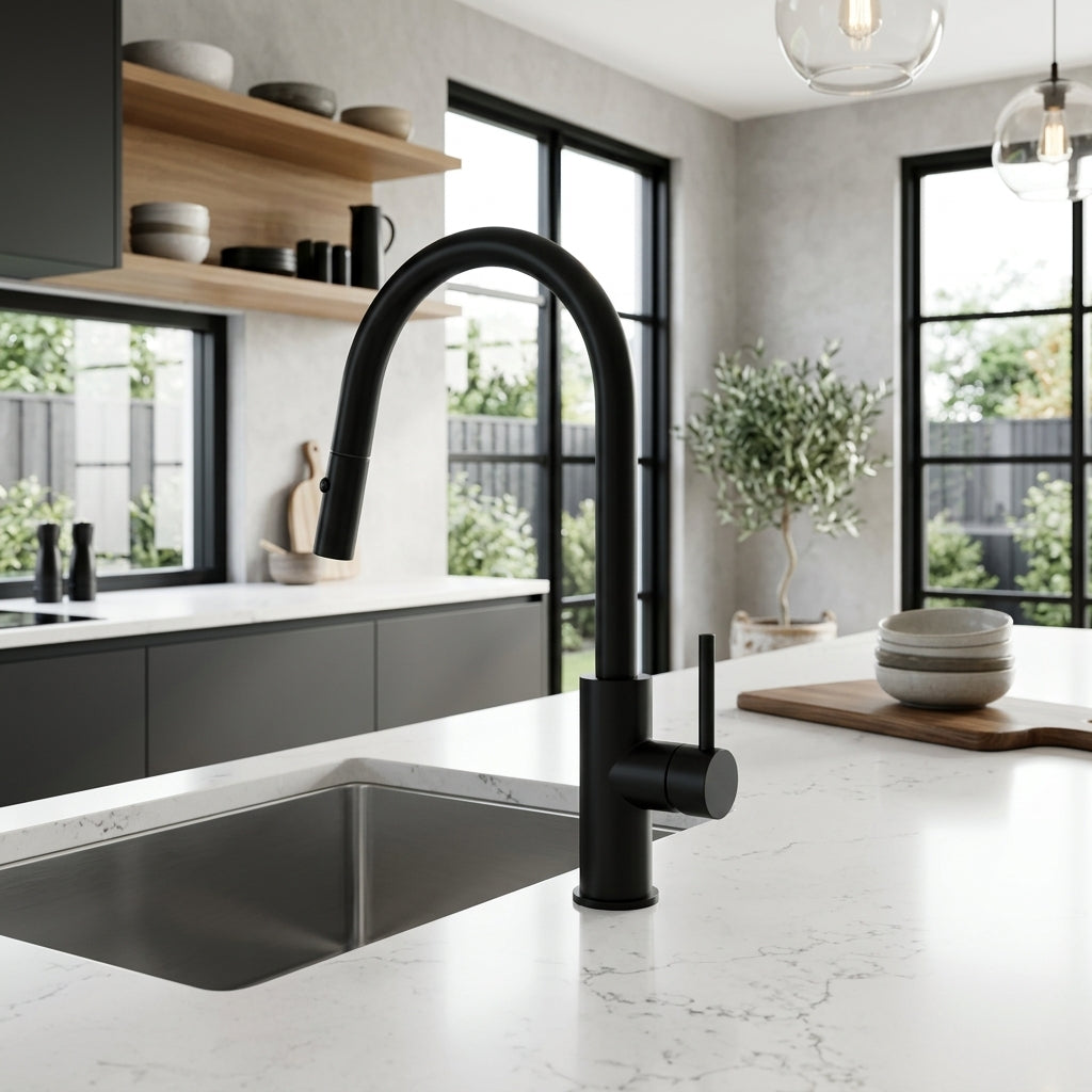 Auren Pull Out Kitchen Sink Mixer in Noir Obsidian, installed