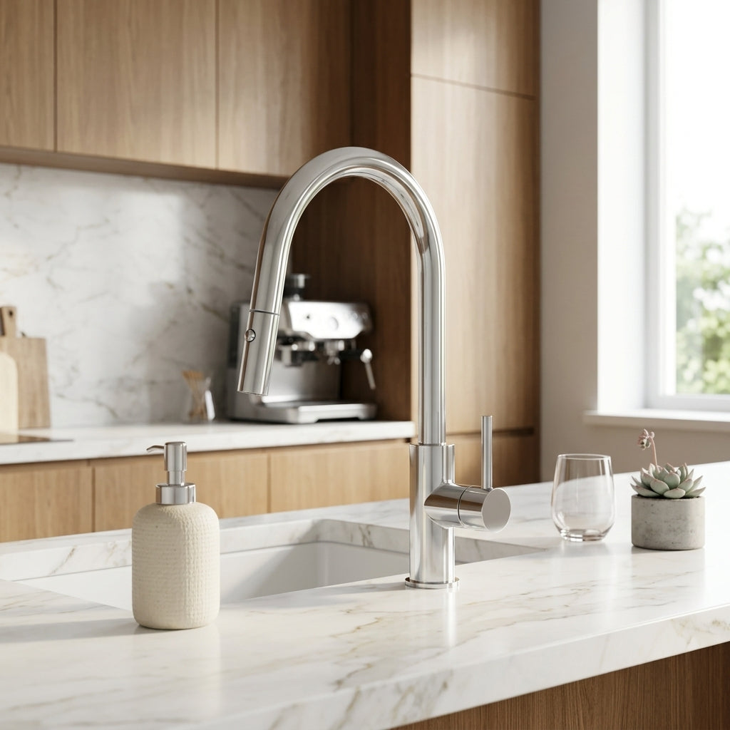 Auren Pull Out Kitchen Sink Mixer in Sterling Chrome, installed