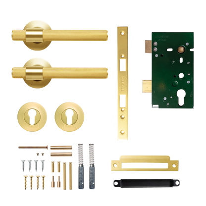 Momo Belgravia Solid Brass Knurled Lever Entrance Set In Brushed Satin Brass