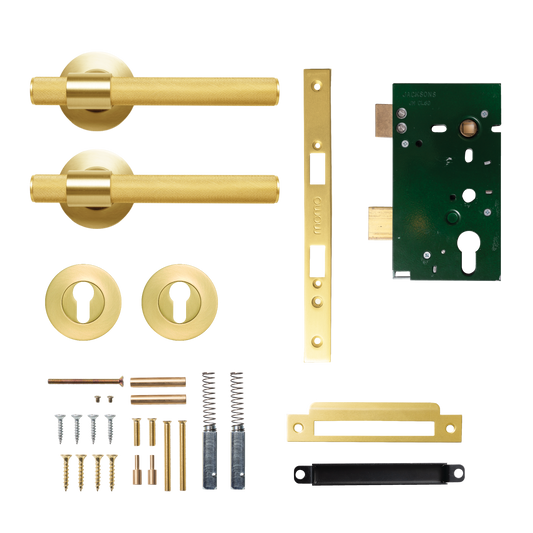 Momo Belgravia Solid Brass Knurled Lever Entrance Set In Brushed Satin Brass