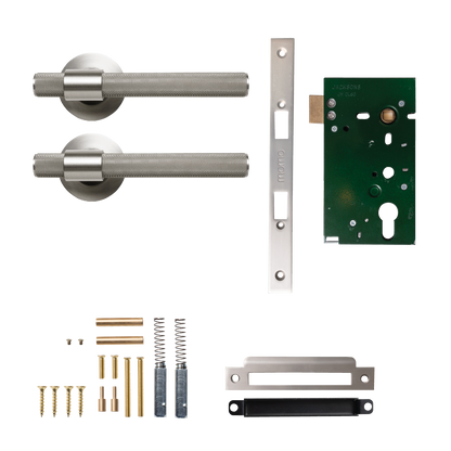 Momo Belgravia Solid Brass Knurled Mortice Lock Passage Lever Set In Dull Brushed Nickel
