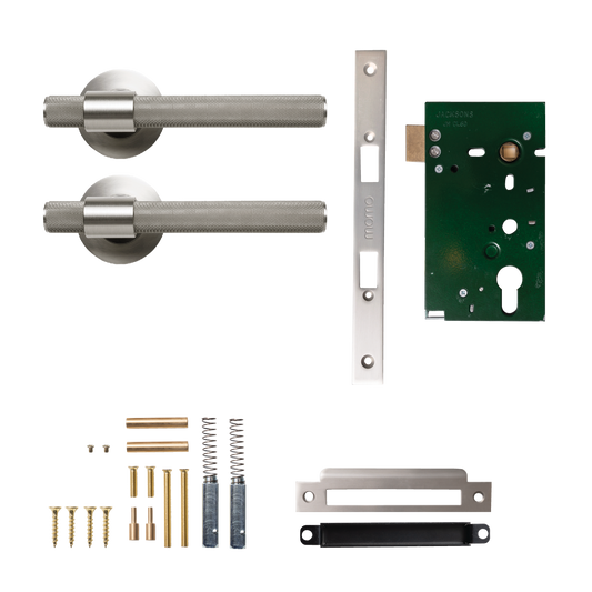 Momo Belgravia Solid Brass Knurled Mortice Lock Passage Lever Set In Dull Brushed Nickel
