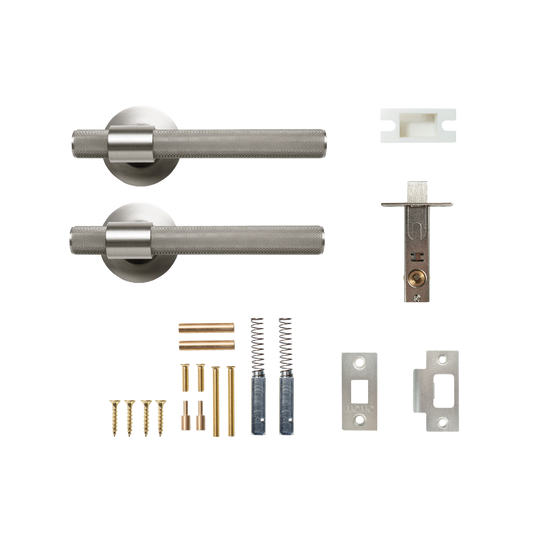 Momo Belgravia Solid Brass Knurled Tubular Latch Passage Lever Set In Dull Brushed Nickel