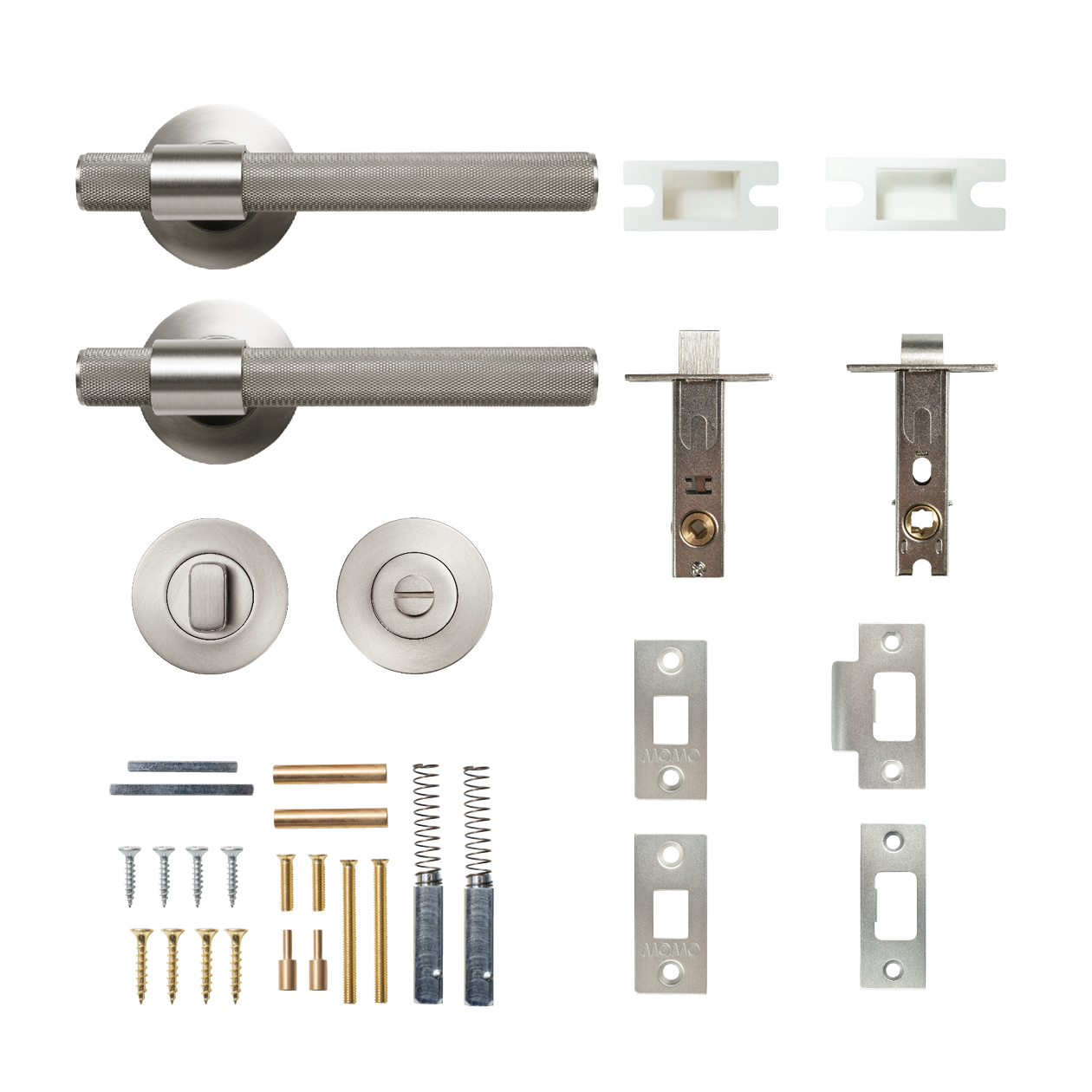 Momo Belgravia Solid Brass Knurled Tubular Latch Privacy Lever Set In Dull Brushed Nickel
