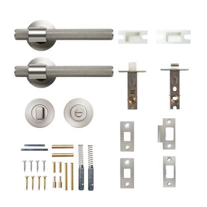 Momo Belgravia Solid Brass Knurled Tubular Latch Privacy Lever Set In Dull Brushed Nickel