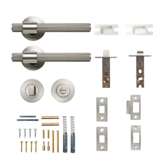 Momo Belgravia Solid Brass Knurled Tubular Latch Privacy Lever Set In Dull Brushed Nickel