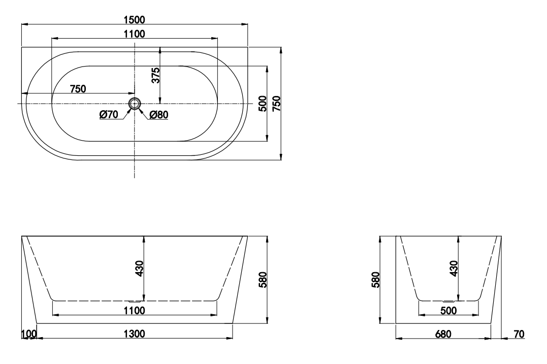 1500x750x580mm Jade Fluted Back to Wall Matte Black