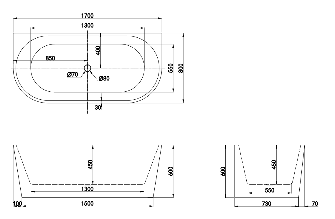 1700x800x600mm Jade Fluted Back to wall