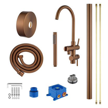 Round Brushed Copper Freestanding Bath Mixer With Handheld Shower