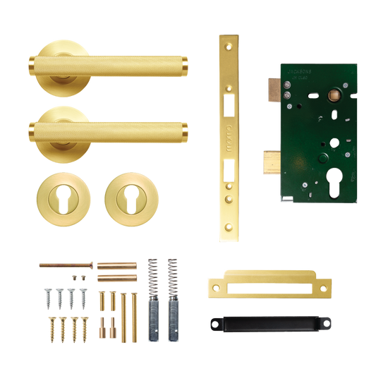 Momo Bellevue Solid Brass Knurled Lever Entrance Set In Brushed Satin Brass