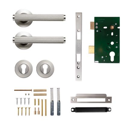 Momo Bellevue Solid Brass Knurled Lever Entrance Set In Dull Brushed Nickel