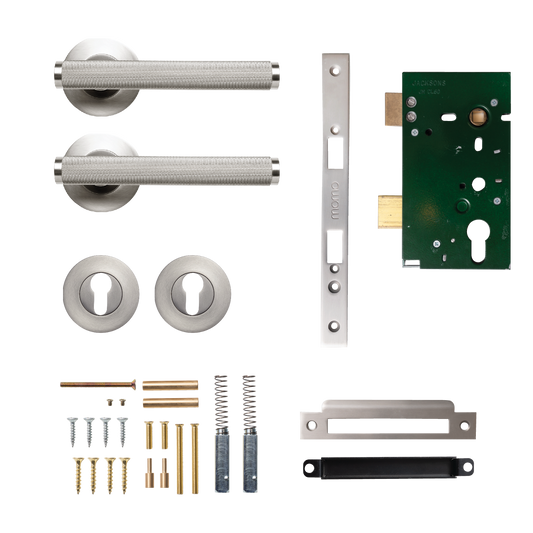 Momo Bellevue Solid Brass Knurled Lever Entrance Set In Dull Brushed Nickel