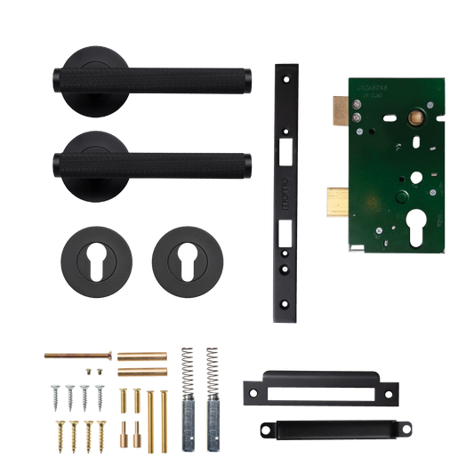 Momo Bellevue Solid Brass Knurled Lever Entrance Set In Matt Black