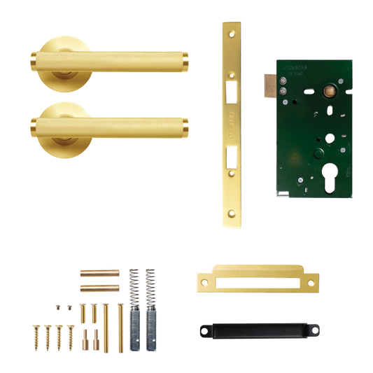 Momo Bellevue Solid Brass Knurled Mortice Lock Passage Lever Set In Brushed Satin Brass
