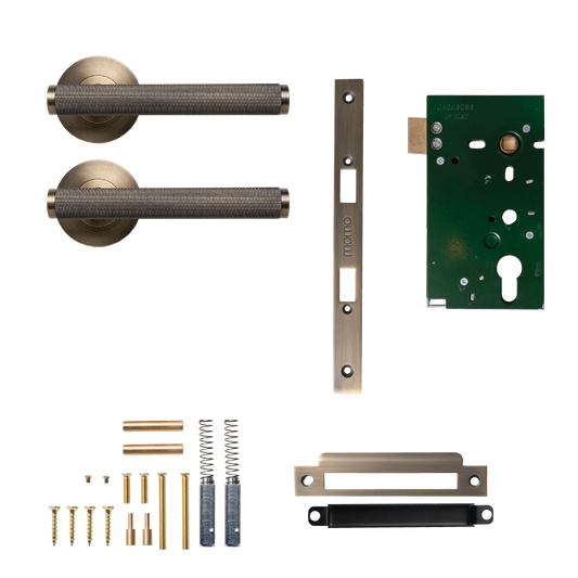 Momo Bellevue Solid Brass Knurled Mortice Lock Passage Lever Set In Dark Brushed Brass
