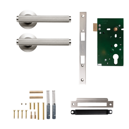Momo Bellevue Solid Brass Knurled Mortice Lock Passage Lever Set In Dull Brushed Nickel