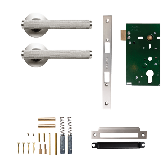 Momo Bellevue Solid Brass Knurled Mortice Lock Passage Lever Set In Dull Brushed Nickel