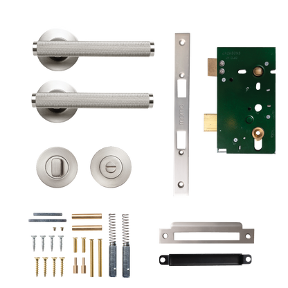 Momo Bellevue Solid Brass Knurled Mortice Lock Privacy Lever Set In Dull Brushed Nickel