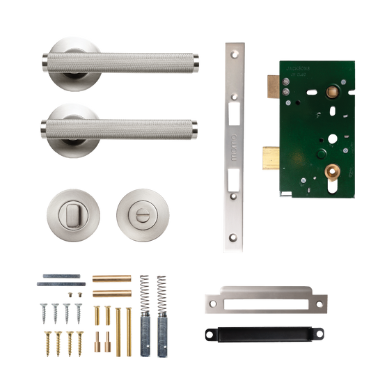 Momo Bellevue Solid Brass Knurled Mortice Lock Privacy Lever Set In Dull Brushed Nickel