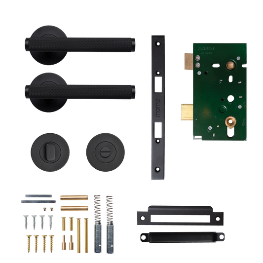 Momo Bellevue Solid Brass Knurled Mortice Lock Privacy Lever Set In Matt Black