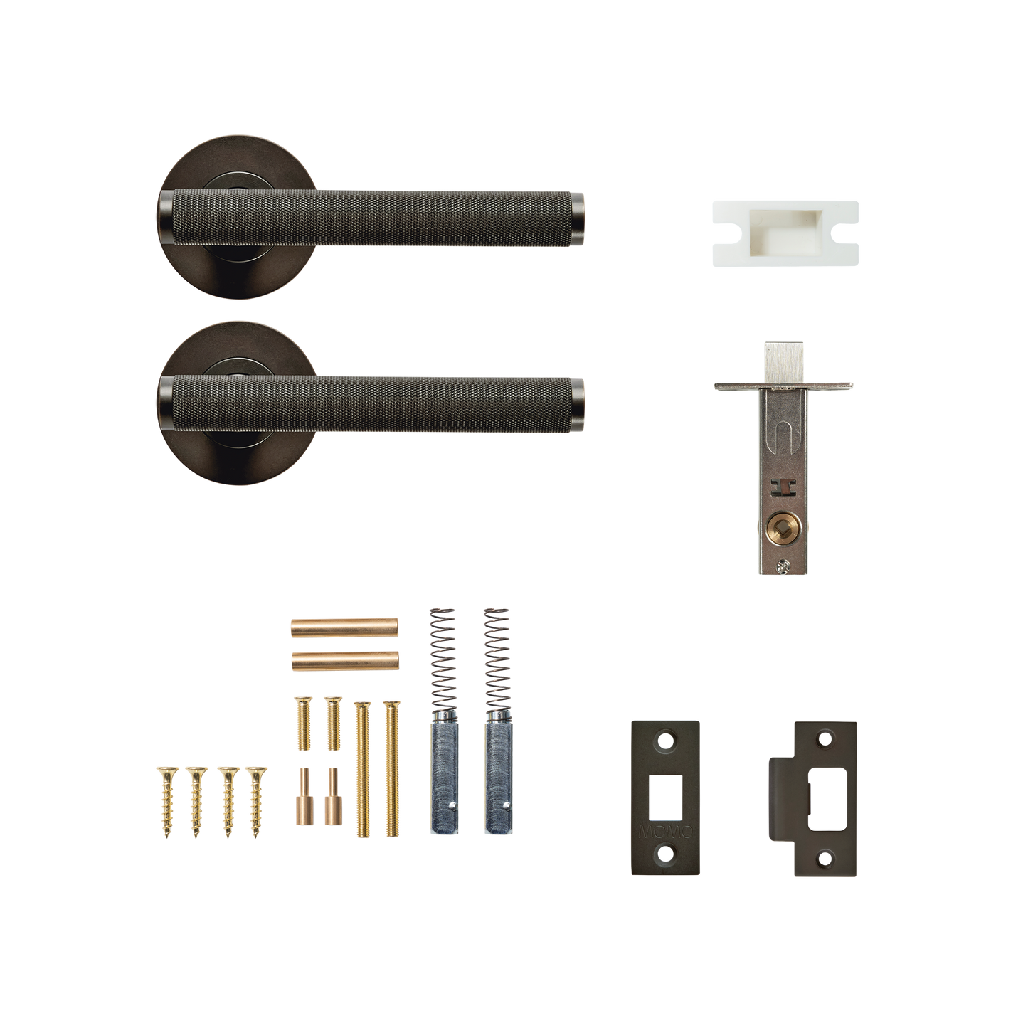 Momo Bellevue Solid Brass Knurled Tubular Latch Privacy Lever Set In Dark Bronze