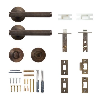 Momo Bellevue Solid Brass Knurled Tubular Latch Privacy Lever Set In Bronze