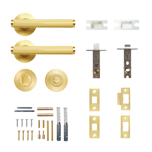 Momo Bellevue Solid Brass Knurled Tubular Latch Privacy Lever Set In Brushed Satin Brass