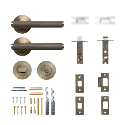 Momo Bellevue Solid Brass Knurled Tubular Latch Privacy Lever Set In Dark Brushed Brass
