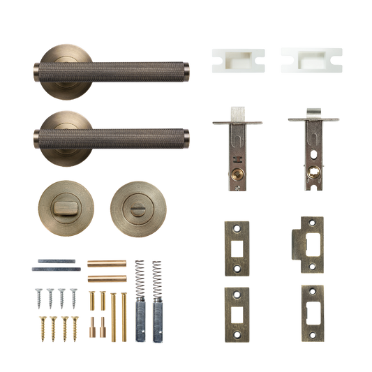 Momo Bellevue Solid Brass Knurled Tubular Latch Privacy Lever Set In Dark Brushed Brass