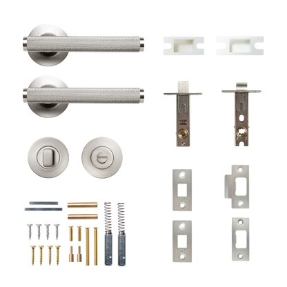 Momo Bellevue Solid Brass Knurled Tubular Latch Privacy Lever Set In Dull Brushed Nickel