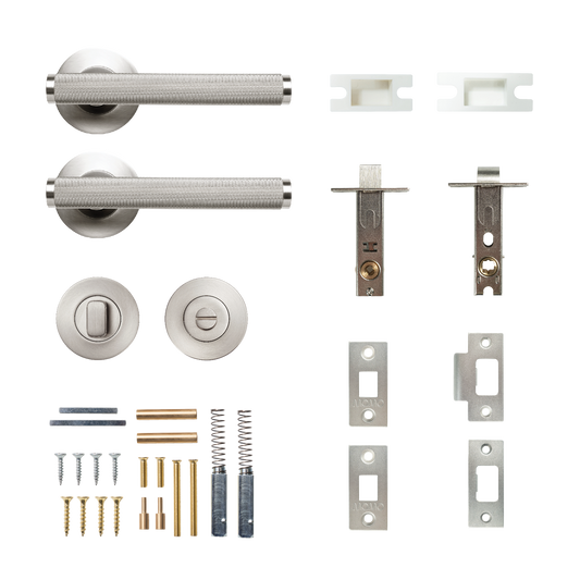 Momo Bellevue Solid Brass Knurled Tubular Latch Privacy Lever Set In Dull Brushed Nickel