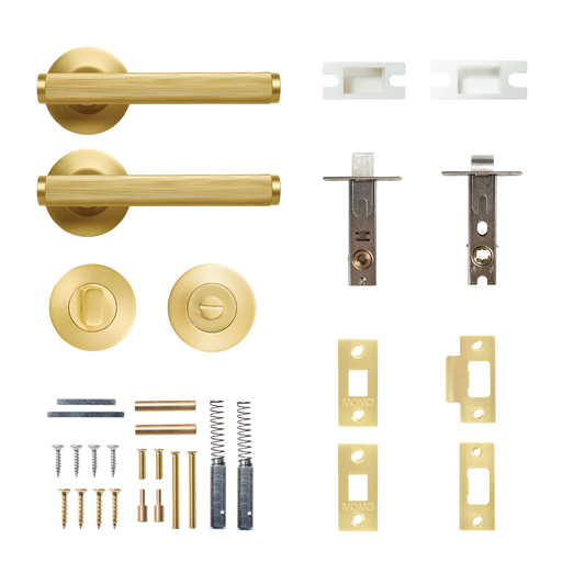 Momo Bellevue Solid Brass Lined Tubular Latch Privacy Lever Set In Brushed Satin Brass