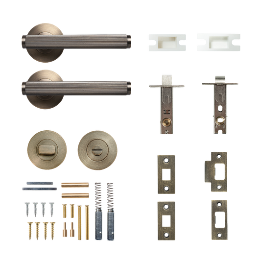 Momo Bellevue Solid Brass Lined Tubular Latch Privacy Lever Set In Dark Brushed Brass