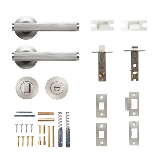 Momo Bellevue Solid Brass Lined Tubular Latch Privacy Lever Set In Dull Brushed Nickel