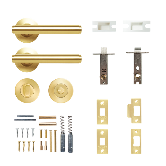 Momo Bellevue Solid Brass Plain Tubular Latch Privacy Lever Set In Brushed Satin Brass
