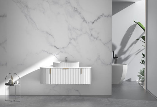 1200MM Carysil Opal Fluted Matte White Wall Hung Vanity  (Stone Top and Brushed Gold Handle Included)