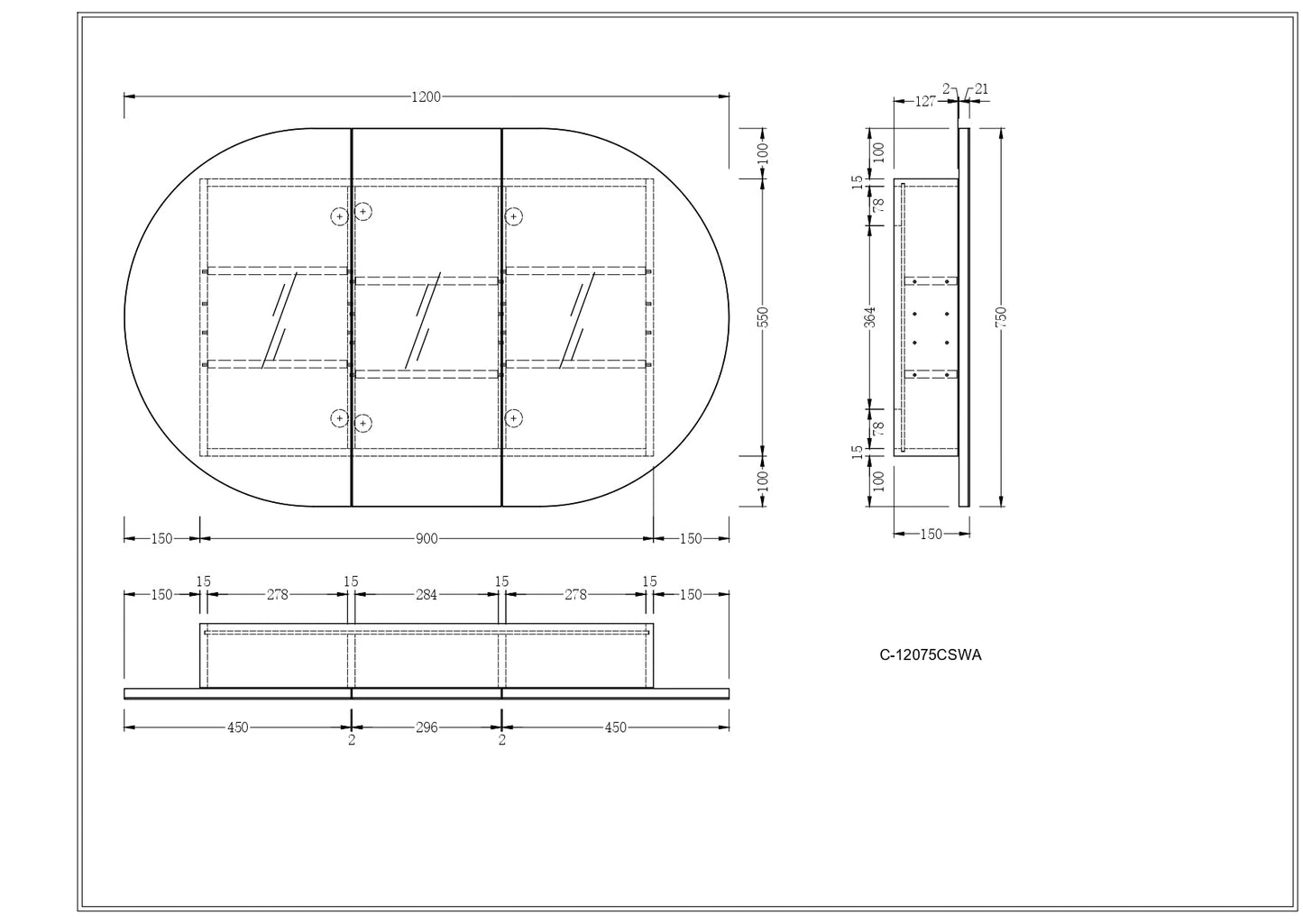 CARYSIL Mystic 1200X750mm MATTE WHITE OVAL Shaving Cabinet