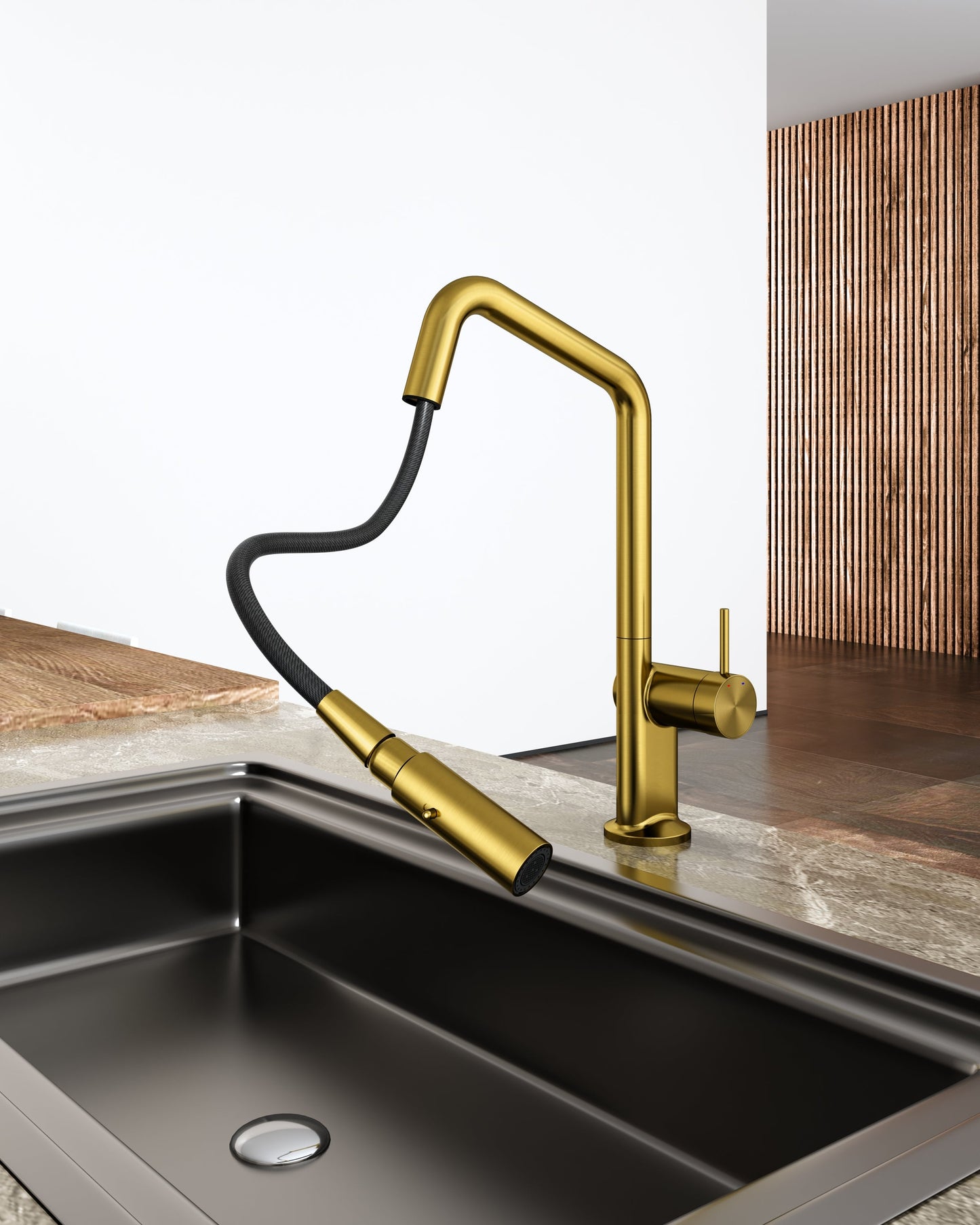 Navona Carysil Angle Brushed Yellow Gold Pull Out Kitchen Mixer