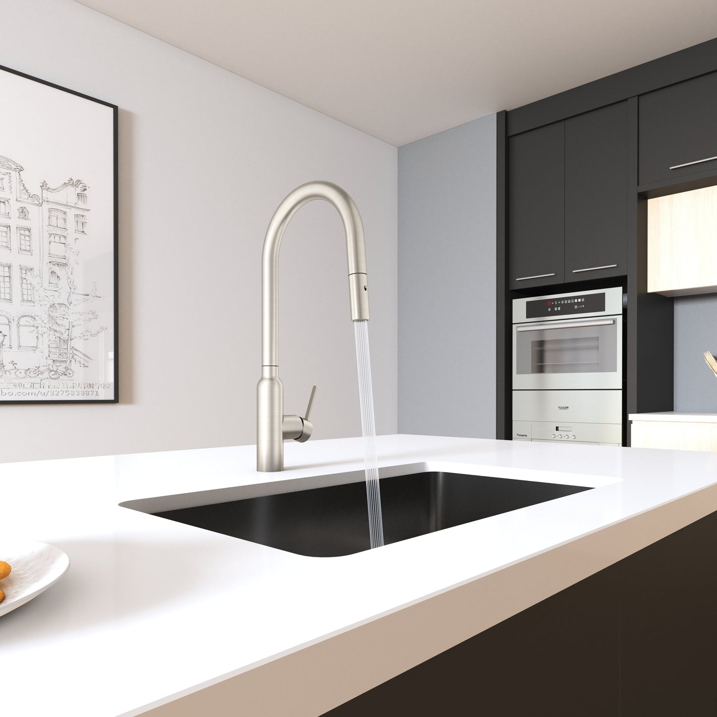 Navona Carysil Round Brushed Nickel Pull Out Kitchen Mixer