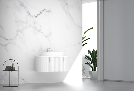 900MM Carysil Opal Fluted Matte White Wall Hung Vanity  (Stone Top and Brushed Gold Handle Included)