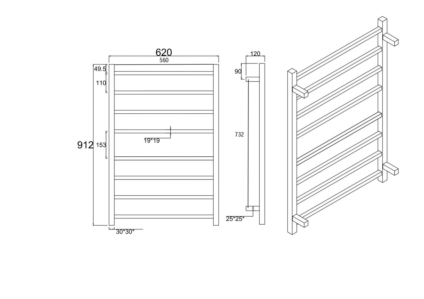 Square Black Electric Heated Towel Rack 8 Bars